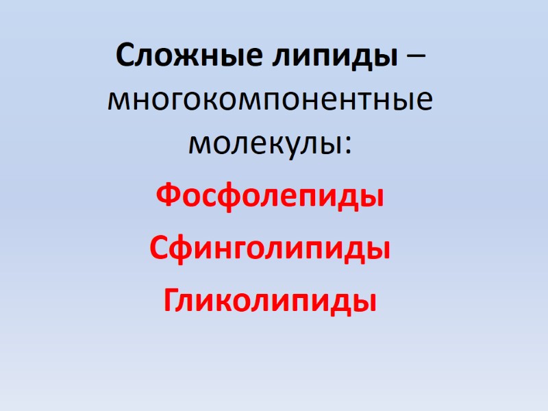 Сложные липиды – многокомпонентные молекулы: Фосфолепиды Сфинголипиды Гликолипиды